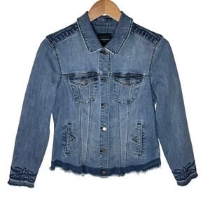 LIVERPOOL Women’s Embroidered Raw Hem Denim Trucker Jacket Medium